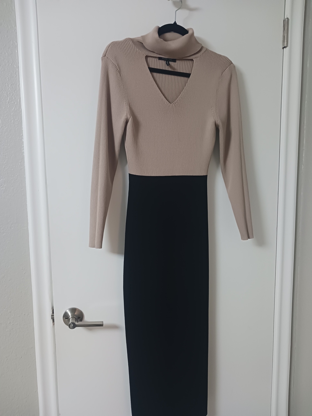 Beige and Black Two-Tone Knit Midi Dress
